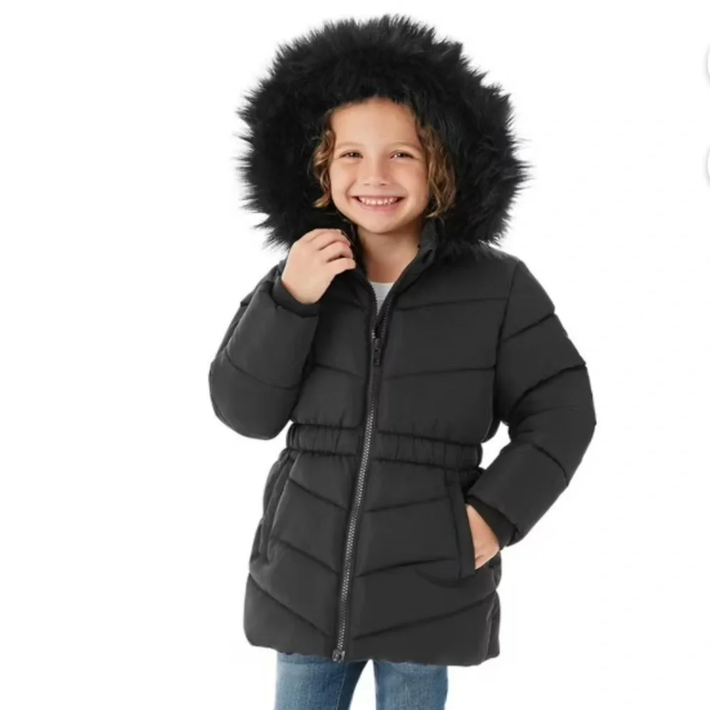 MEMBERSMARK Girls Black Puffer Parka, Warm Fleece Lined Jacket w/Removable Hood